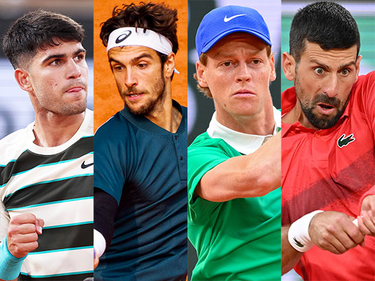 （左から）アルカラス、ムセッティ、シナー、ジョコビッチ