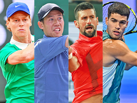 （左から）シナー、錦織、ジョコビッチ、アルカラス